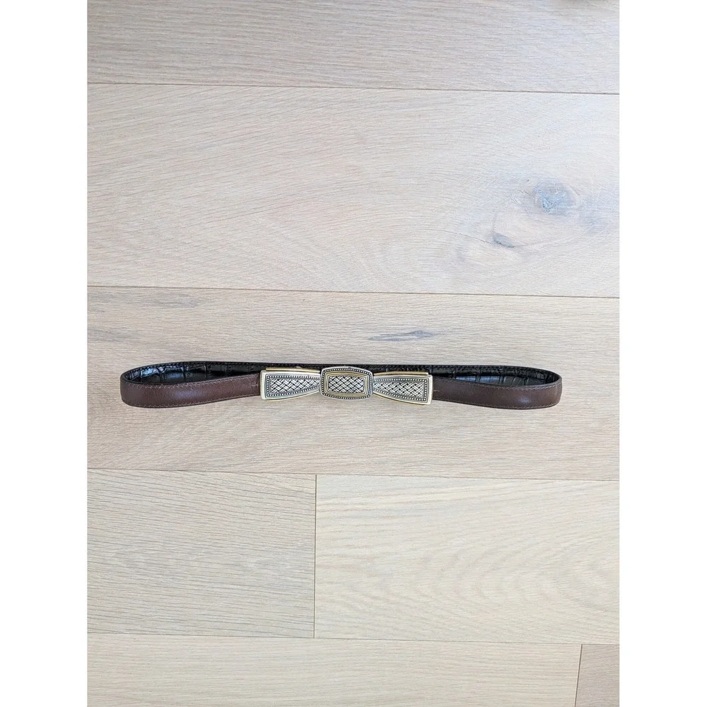 Vintage Woven Metal Accent Leather Black Embossed Leather Statement Belt Small